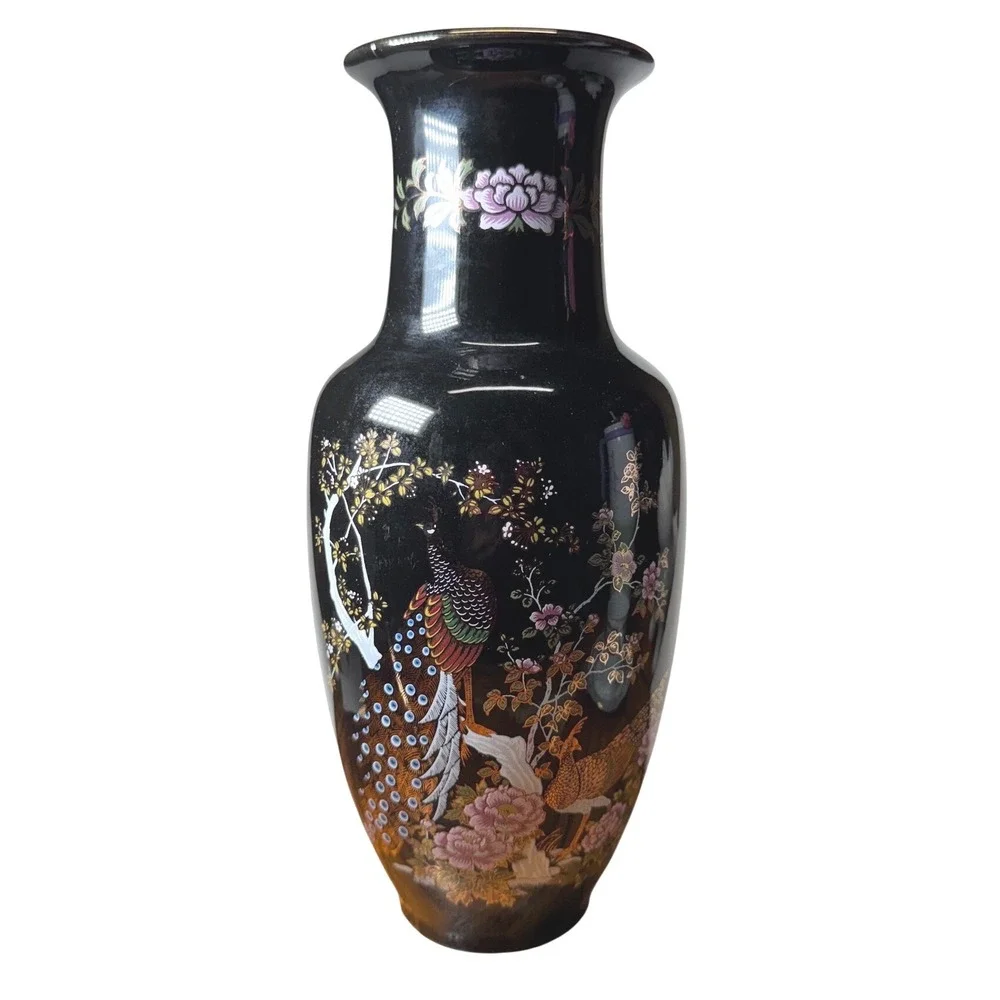 Vintage Japanese Black Porcelain Peacock Vase Ginger Jar Tea Cup Set 7pc Japan